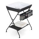 Folding baby change table in black with storage basket and shelf, designed for convenient diaper changes and.