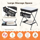Folding baby change table in black with 3-compartment storage basket and bottom shelf for convenient diaper changes.