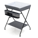 Folding baby change table in grey with storage basket and shelf, designed for infant convenience and back support.