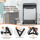 Folding baby change table in grey with storage basket and shelf, designed for easy diaper changes and convenience.