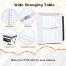 Folding baby change table in grey with waterproof PVC cloth, safety belt, and storage basket for convenient diaper.