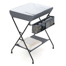 Folding baby change table in grey with storage basket and shelf, designed for infant diaper changes and convenience.