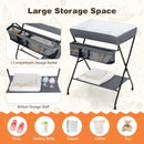 Folding baby change table in grey with 3-compartment storage basket and bottom shelf for convenient diaper changes.