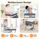 Folding baby change table in grey with storage basket and shelf, designed for easy diaper changes and baby care.