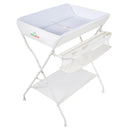 Folding newborn nursery organizer with 3-compartment storage basket and shelf for convenient diaper changes and baby care.