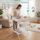 Folding newborn nursery organizer with 3-compartment storage basket and shelf, designed for convenient diaper changes.