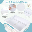 Folding newborn nursery organizer features a waterproof PVC surface, safety belt, and height ruler for convenient diaper changes.