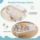 Folding newborn nursery organizer features a 3-compartment storage basket and bottom shelf for convenient baby essentials.