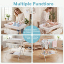Folding newborn nursery organizer features a changing table with 3-compartment storage basket and waterproof PVC surface.