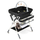 Baby changing table in black with storage bag and shelf, adjustable height, waterproof surface, and toy rack for.