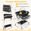Baby changing table in black with adjustable height, storage bag, and shelf, designed for newborns and infants.