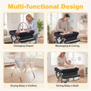 Baby changing table in black with storage bag, height-adjustable for easy diapering and caring for newborns.