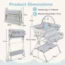 Baby changing table in grey with storage bag and shelf, adjustable height, and waterproof surface for easy cleaning.