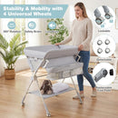 Baby changing table in grey with storage bag and shelf, featuring 4 lockable wheels for easy mobility and safety.