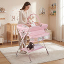 Baby changing table in pink with storage bag and shelf, adjustable height for caregiver comfort, ideal for newborns.