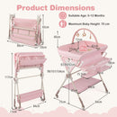 Baby changing table in pink with adjustable height, storage bag, and shelf, designed for newborns and infants.