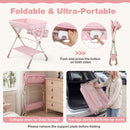 Baby changing table in pink with storage bag and shelf, foldable for easy transport and storage, ideal for newborns.