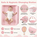 Baby changing table in pink with storage bag, removable rack, and adjustable height for safe and hygienic diapering.