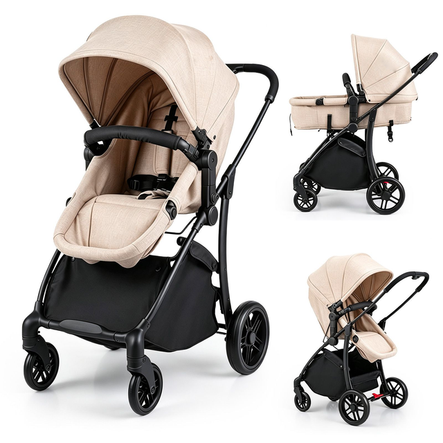 BC10275AU-BE Beige 2-in-1 stroller, real product front, rear and reversible-seat views