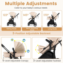 BC10275AU-BE Beige stroller backrest, canopy and footrest adjustments
