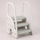 Grey three-step toddler stool with safety handles