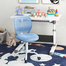Adjustable blue children study chair with ergonomic design and 360-degree swivel wheels for comfortable seating.