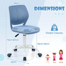 Adjustable blue mid back children's study chair with 360-degree swivel, height range 75-87 cm, ideal for desks.