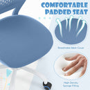 Close-up of the blue padded seat of an adjustable children's study chair, featuring breathable mesh and high-density.