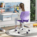 Adjustable purple children’s study chair with low back support, 360-degree swivel, and height adjustment for desk use.