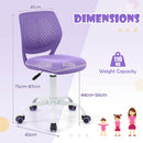 Adjustable purple mid back children study chair with 360-degree wheels, height 75-87 cm, for kids' comfort and support.