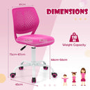 Adjustable pink children's study chair with height range 75-87 cm and 360-degree swivel, ideal for desks and home.
