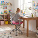 Children's study chair with adjustable height and lumbar support, featuring a pink seat and ergonomic design for.