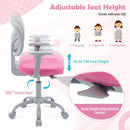 Children's study chair in rose with adjustable height, lumbar support, and 360° swivel for comfort and posture.