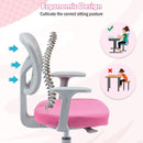 Children's ergonomic study chair in rose with adjustable height and lumbar support for proper posture and comfort.