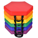 Colourful kids floor cushions stacked for storage