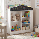 Kids Toy Storage Box, House Shaped Toy Organiser Cabinet, w/Compartments & Chalkboard product image 1