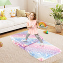 Foldable toddler nap mat with glow-in-the-dark feature, soft flannel cover, and carrying handles for easy transport.