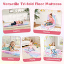 Tri-fold floor mattress with colorful flannel cover, perfect for napping, playing, and additional seating for kids.