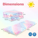 Tri-folding floor mattress with colorful flannel cover, glow-in-the-dark feature, and portable design for kids' naptime.
