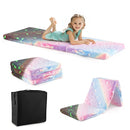 Tri-folding colorful floor mattress with glow-in-the-dark feature, washable flannel cover, and storage bag for toddlers.