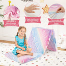 Foldable floor mattress with colorful flannel cover, featuring glow-in-the-dark designs for cozy toddler naps.