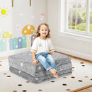 Foldable grey floor mattress with glow-in-the-dark stars, featuring a washable flannel cover and storage bag for kids.