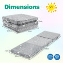 Dimensions of the foldable grey floor mattress with a soft flannel cover, measuring 154cm when unfolded for toddler.