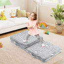 Tri-folding grey floor mattress with glow-in-the-dark stars, perfect for toddler naps and playtime, featuring a.