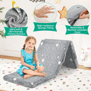 Foldable grey floor mattress with glow-in-the-dark stars, soft flannel cover, and portable design for kids' naptime.