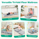 Tri-fold floor mattress in grey with glow-in-the-dark feature, ideal for napping, playing, and reading for toddlers.