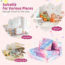 Kids folding sofa bed in multicolour, transforms into a floor mattress, perfect for playrooms and daycare centers.