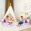 Kids folding sofa bed in multicolour, featuring glow-in-the-dark patterns, ideal for reading and playtime.