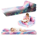 Kids folding sofa bed in multicolour with glow-in-the-dark patterns, transforms from sofa to floor mattress for.