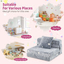Kids folding sofa bed in grey with glow-in-the-dark stars, transforms from sofa to floor mattress for versatile.